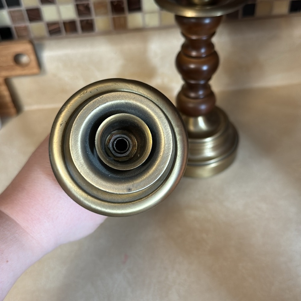 Source Unknown Brown & Gold Turned Wood and Brass Candle Holders - Pair - Picture 2 of 3